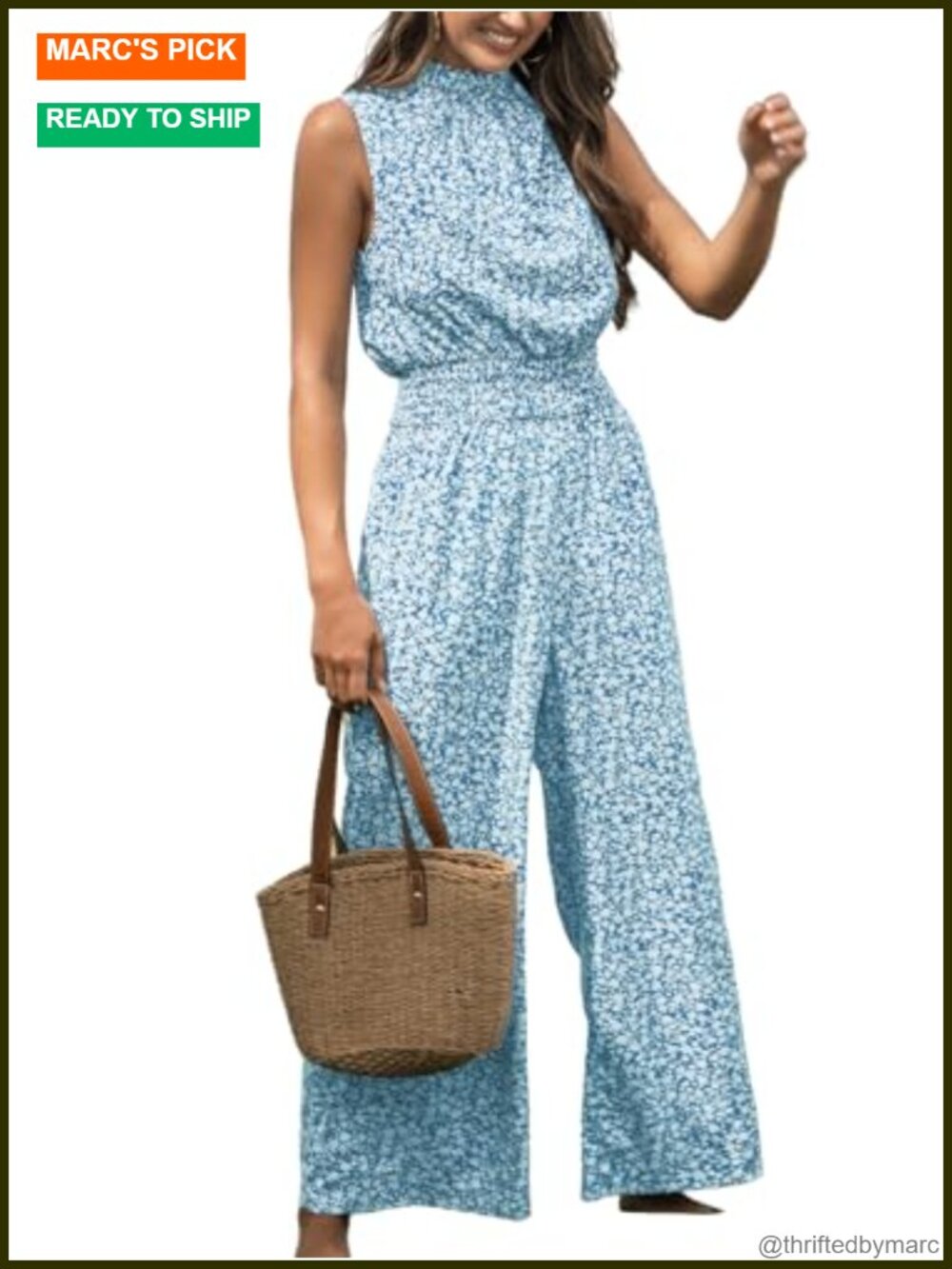 Floral Mock Neck Sleeveless Wide Leg Jumpsuit with Pockets